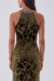 Halter Mermaid Floral Green Sparkly Maxi Velvet Dress