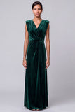 Dark Green V-Neck Sheath Ruched Maxi Velvet Dress