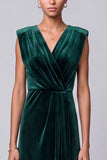 Dark Green V-Neck Sheath Ruched Maxi Velvet Dress