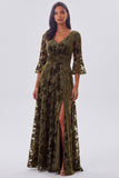 Floral A Line Half Sleeve Olive Maxi Velvet Dress