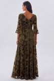 Floral A Line Half Sleeve Olive Maxi Velvet Dress
