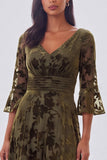 Floral A Line Half Sleeve Olive Maxi Velvet Dress