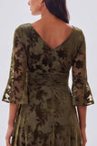 Floral A Line Half Sleeve Olive Maxi Velvet Dress
