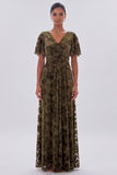 A Line Floral Olive Maxi Velvet Dress With Short Sleeves