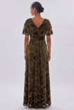 A Line Floral Olive Maxi Velvet Dress With Short Sleeves