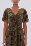 A Line Floral Olive Maxi Velvet Dress With Short Sleeves
