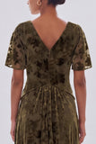 A Line Floral Olive Maxi Velvet Dress With Short Sleeves