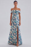 Mermaid Off The Shoulder Blue Floral Formal Dress