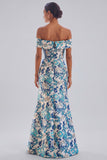 Mermaid Off The Shoulder Blue Floral Formal Dress