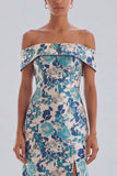 Mermaid Off The Shoulder Blue Floral Formal Dress