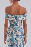 Mermaid Off The Shoulder Blue Floral Formal Dress