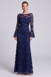 Mermaid Navy Lace Formal Dress With Long Sleeves