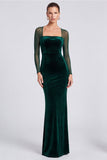 Dark Green Sheer Long Sleeve Sheath Maxi Velvet Dress