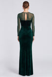 Dark Green Sheer Long Sleeve Sheath Maxi Velvet Dress
