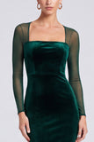 Dark Green Sheer Long Sleeve Sheath Maxi Velvet Dress