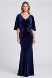Mermaid Navy Flutter Sleeve Maxi Velvet Dress With Appliques