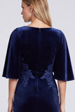 Mermaid Navy Flutter Sleeve Maxi Velvet Dress With Appliques