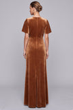 Brown Sheath Maxi Velvet Dress With Short Sleeves