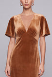 Brown Sheath Maxi Velvet Dress With Short Sleeves
