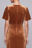 Brown Sheath Maxi Velvet Dress With Short Sleeves