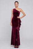 One Shoulder Sheath Burgundy Ruffled Maxi Velvet Dress