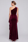 One Shoulder Sheath Burgundy Ruffled Maxi Velvet Dress