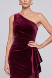 One Shoulder Sheath Burgundy Ruffled Maxi Velvet Dress