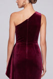 One Shoulder Sheath Burgundy Ruffled Maxi Velvet Dress