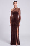 One Shoulder Coffee Sheer Long Sleeve Mermaid Maxi Velvet Dress