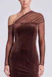 One Shoulder Coffee Sheer Long Sleeve Mermaid Maxi Velvet Dress