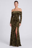 Off The Shoulder Mermaid Floral Olive Maxi Velvet Dress With Long Sleeves