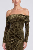 Off The Shoulder Mermaid Floral Olive Maxi Velvet Dress With Long Sleeves