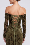 Off The Shoulder Mermaid Floral Olive Maxi Velvet Dress With Long Sleeves