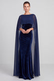Mermaid Navy Cape Sleeve Maxi Velvet Dress