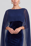 Mermaid Navy Cape Sleeve Maxi Velvet Dress