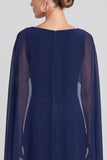 Mermaid Navy Cape Sleeve Maxi Velvet Dress