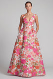 Floral Pink A-Line V-Neck Brocade Long Formal Dress with Pockets