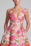 Floral Pink A-Line V-Neck Brocade Long Formal Dress with Pockets