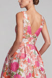 Floral Pink A-Line V-Neck Brocade Long Formal Dress with Pockets
