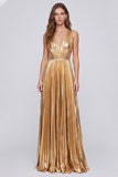Metallic Gold V-Neck A-Line Pleated Long Formal Dress