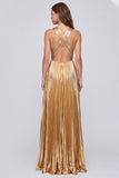 Metallic Gold V-Neck A-Line Pleated Long Formal Dress