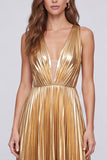 Metallic Gold V-Neck A-Line Pleated Long Formal Dress