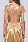 Metallic Gold V-Neck A-Line Pleated Long Formal Dress