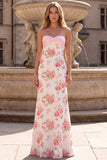 Strapless Pink A Line Floral Sequins Maxi Prom Dress With Bow