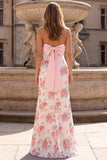 Strapless Pink A Line Floral Sequins Maxi Prom Dress With Bow