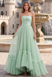 Sparkly Strapless A Line Sage Green Tulle Maxi Prom Dress