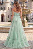 Sparkly Strapless A Line Sage Green Tulle Maxi Prom Dress
