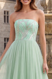 Sparkly Strapless A Line Sage Green Tulle Maxi Prom Dress