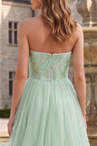 Sparkly Strapless A Line Sage Green Tulle Maxi Prom Dress