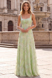Square Neck Sparkly A Line Sage Green Maxi Prom Dress